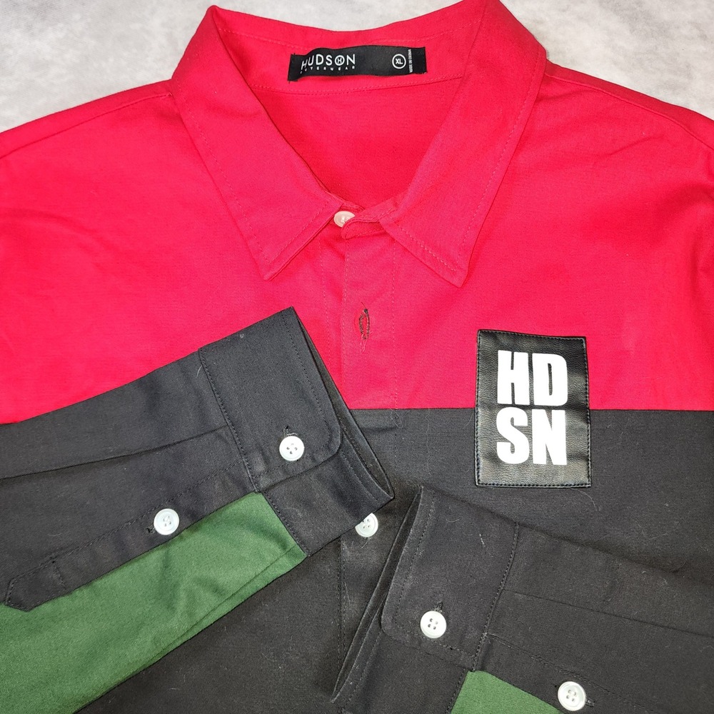 Hudson Outerwear Mens XL Colorblock Button Down Shirt Red Black Green HDSN Patch